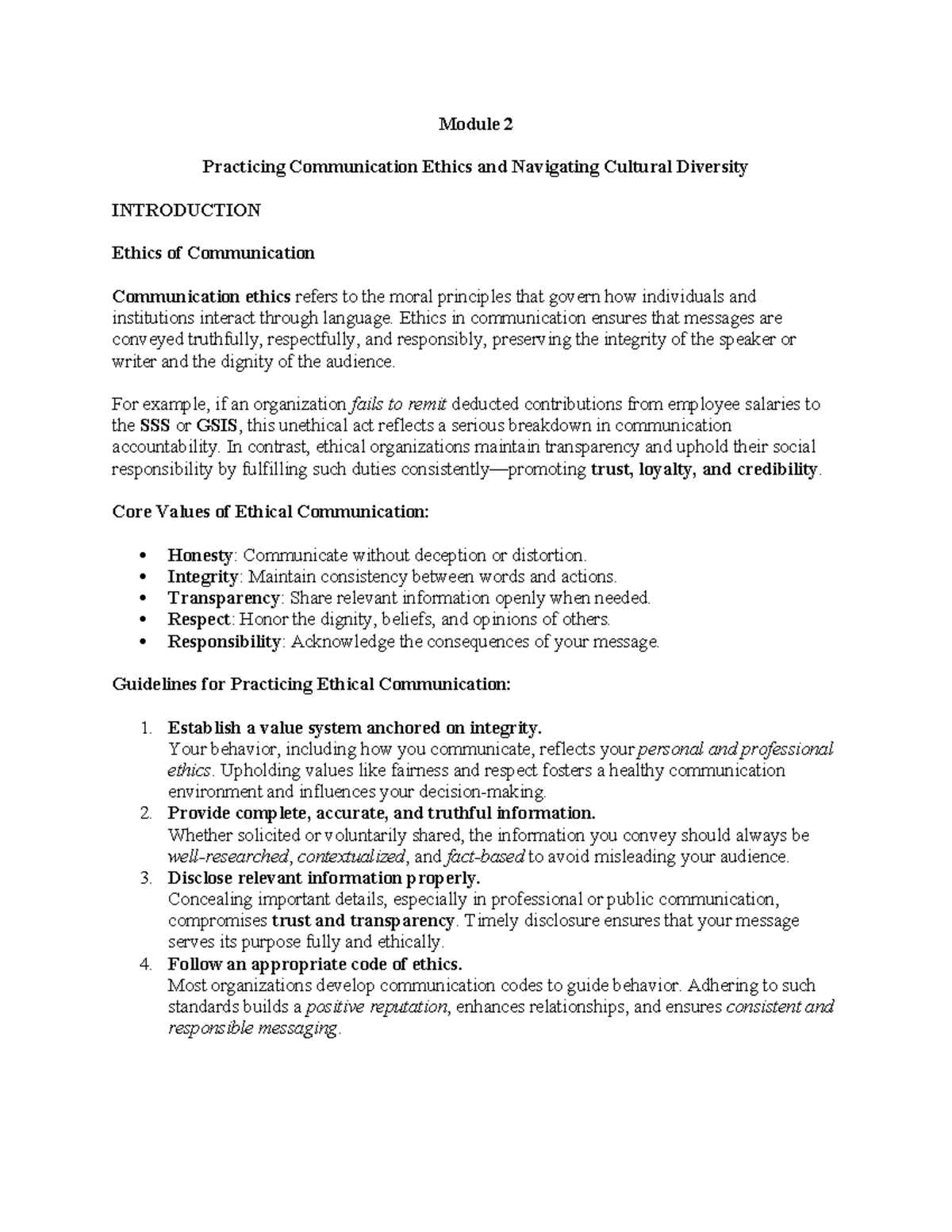 Purpcom-Module 2: Communication Ethics & Cultural Diversity Notes - Studocu