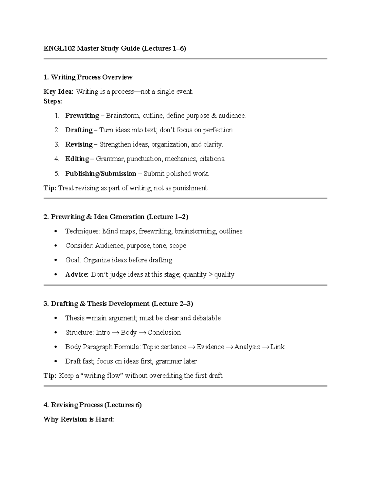 ENGL102 Master Study Guide: Writing Process & Strategies (Lectures 1-6 ...