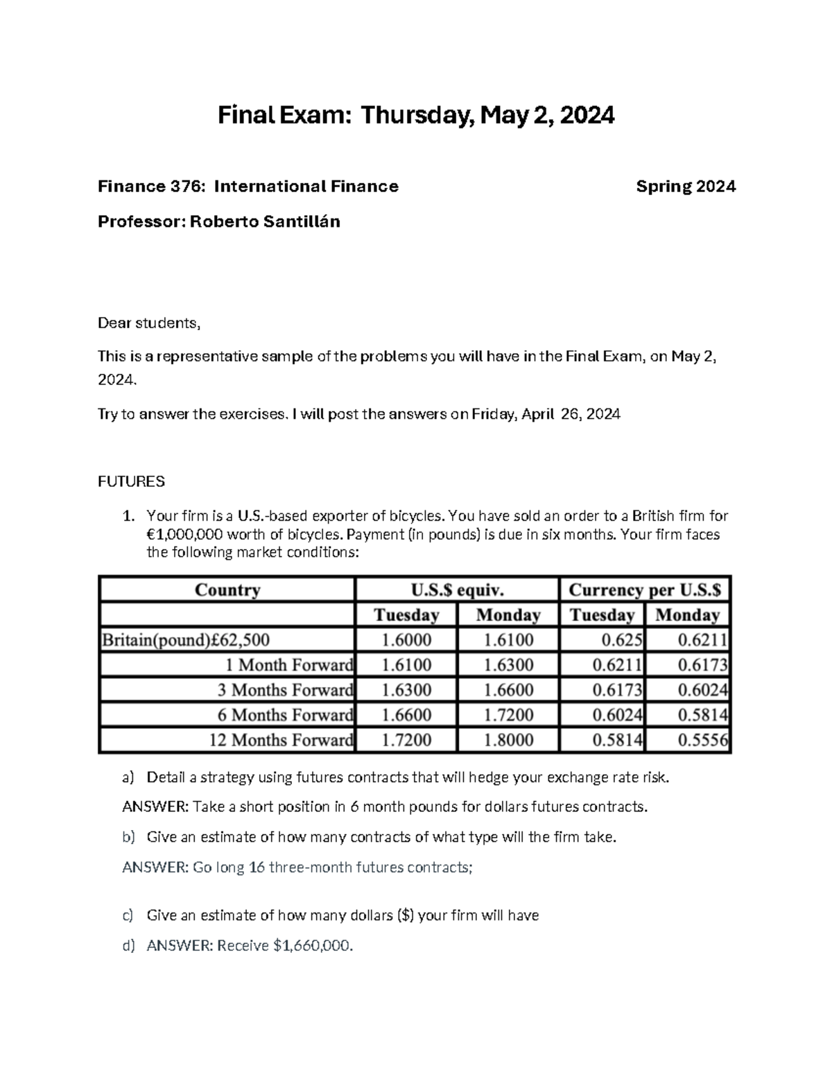Finance 376: International Finance Final Exam Sample Key - Spring 2024 ...