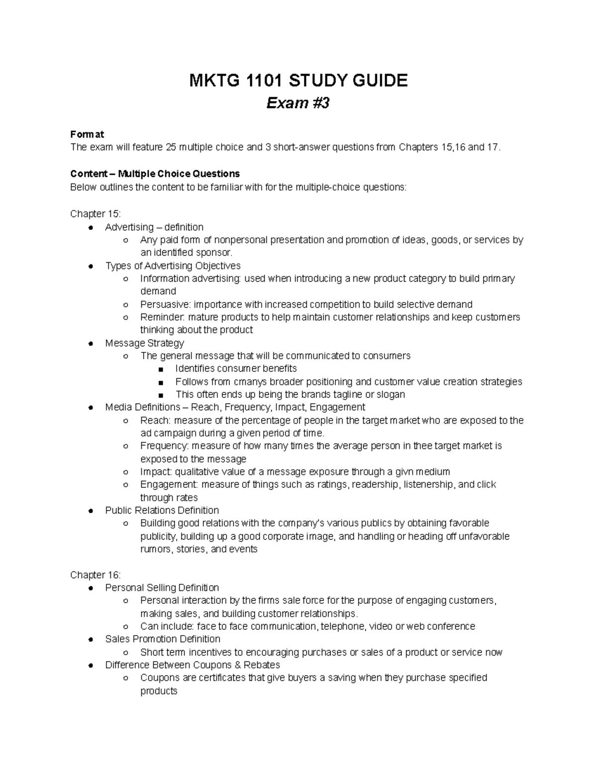Final study guide - MKTG 1101 STUDY GUIDE Exam Format The exam will ...