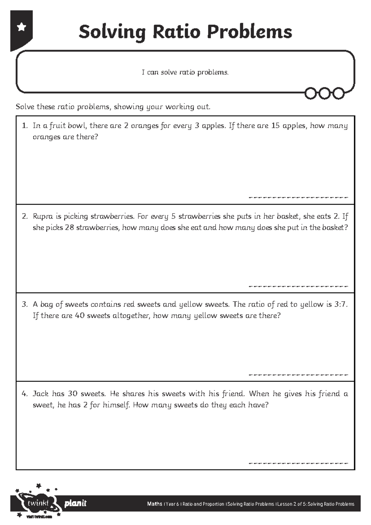 Maths Year 6 Ratio and Proportion Homework 47: Solving Ratio Problems ...