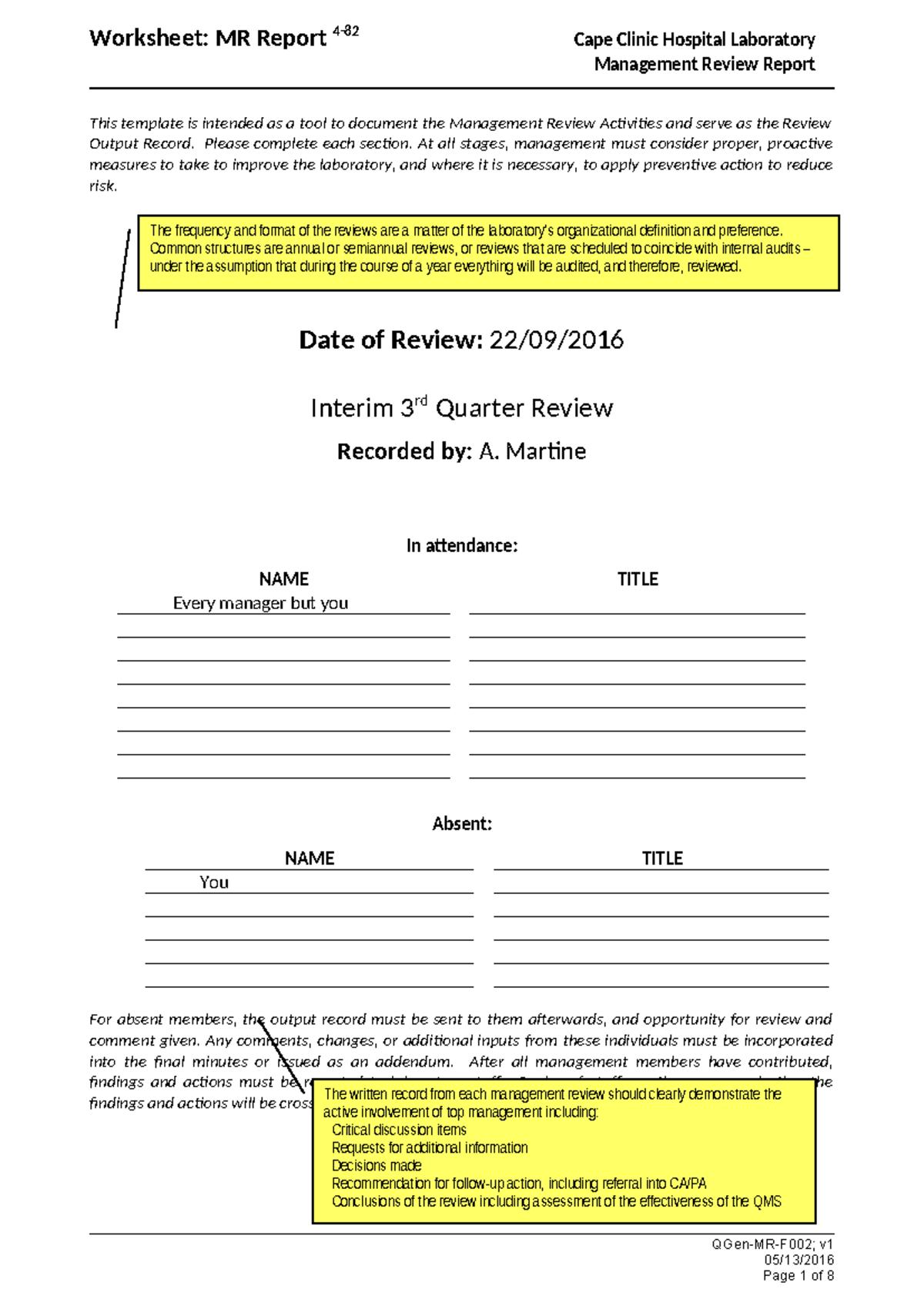Management Review Report Worksheet - Cape Clinic Hospital Lab Q3 - Studocu