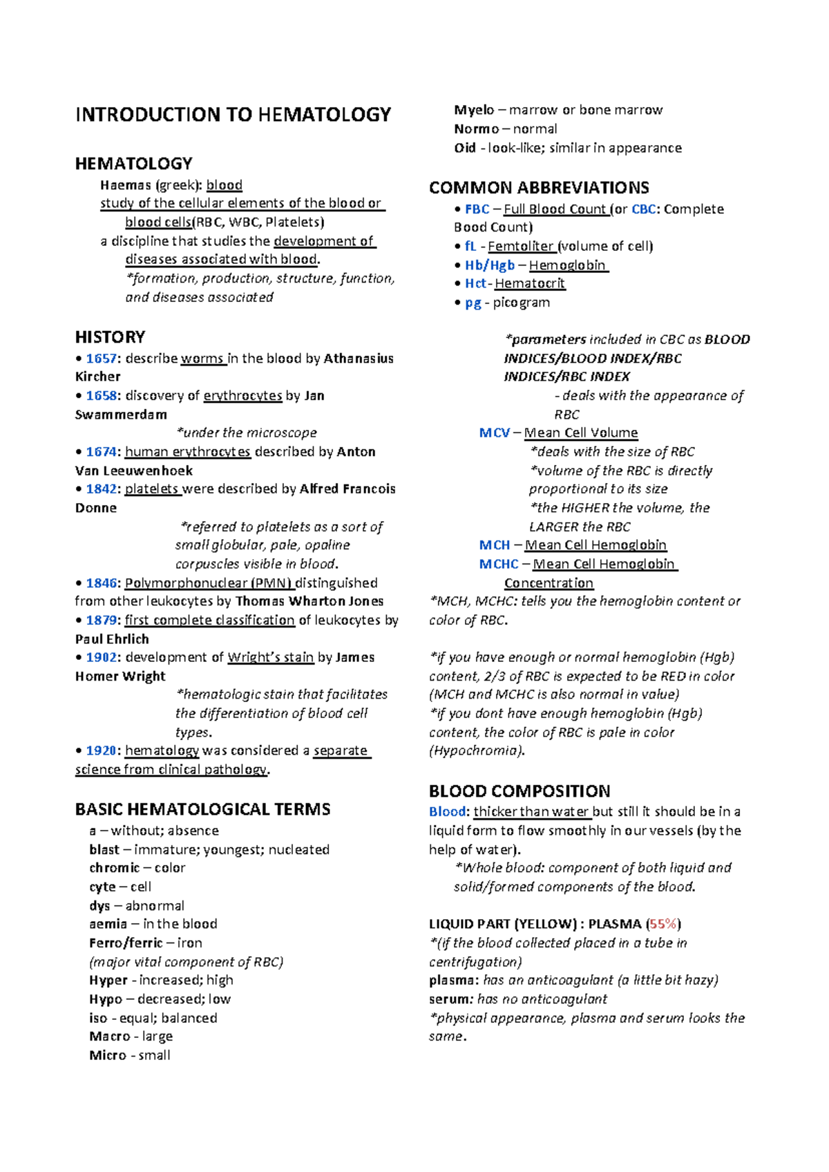 HEMA 1 LECTURE NOTES: Comprehensive Overview of Hematology Concepts ...