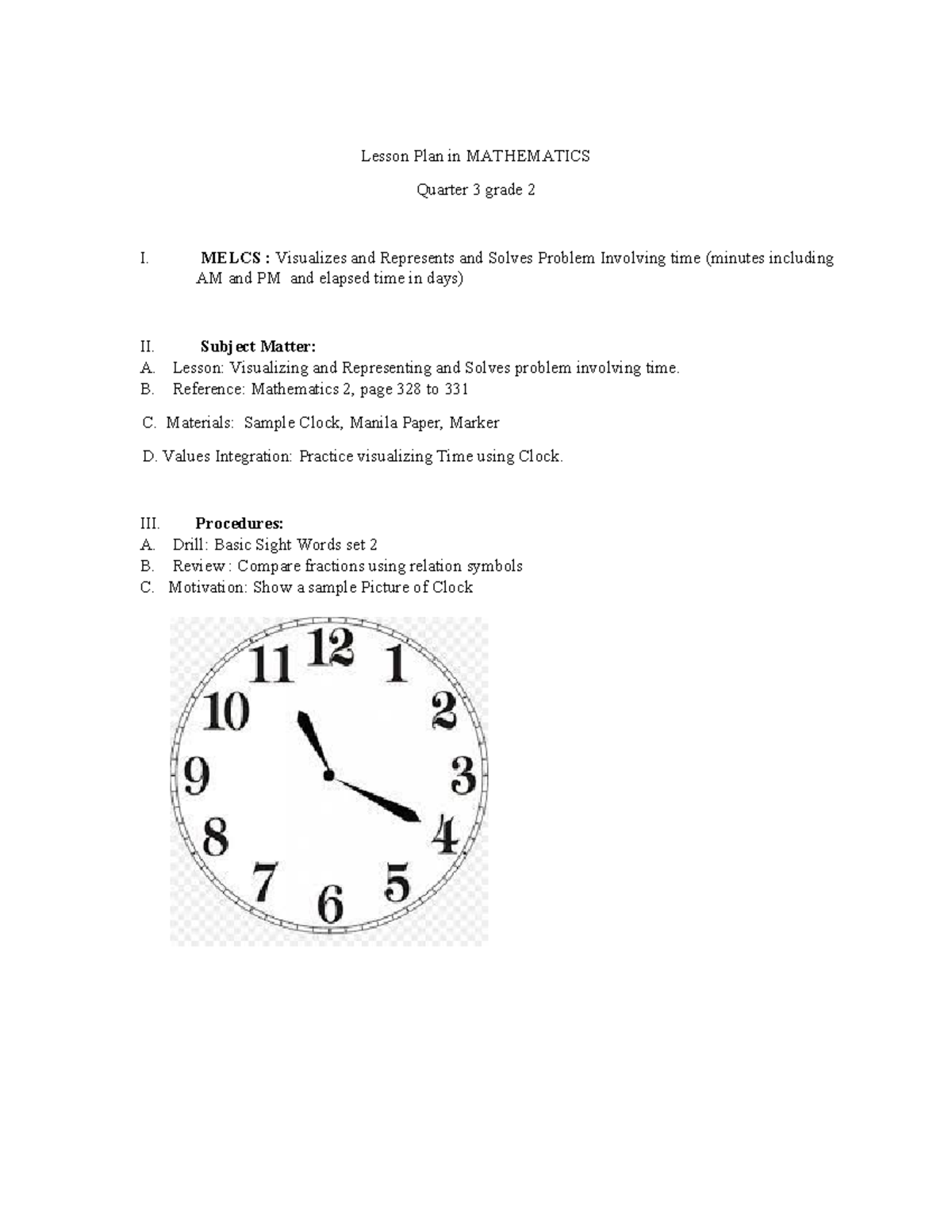 Lesson Plan: Visualizing Time in Mathematics 2 (Quarter 3) - Studocu