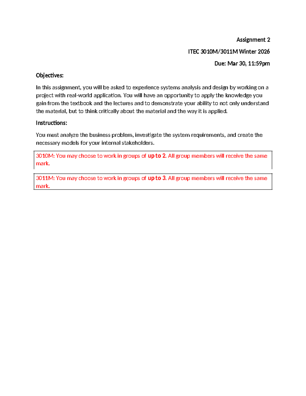 Assignment 2 ITEC 3010/3011 Winter 2026: Systems Analysis Project - Studocu
