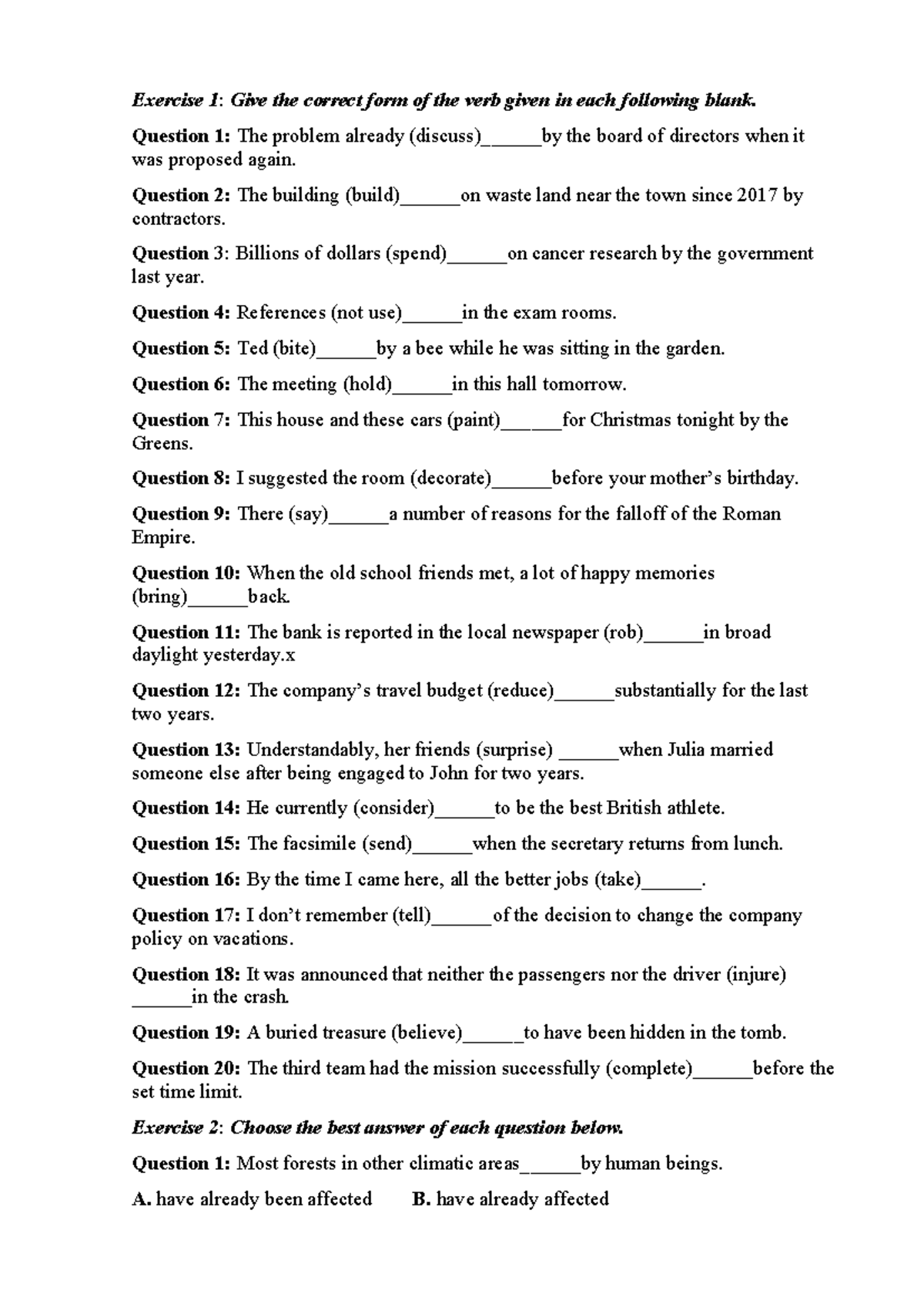 Exercise 1 & 2: Verb Forms and Sentence Completion (ENG 101) - Studocu
