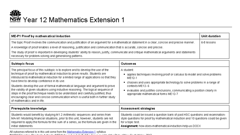 Year 12 Mathematics Extension 1: Proof by Mathematical Induction - Studocu