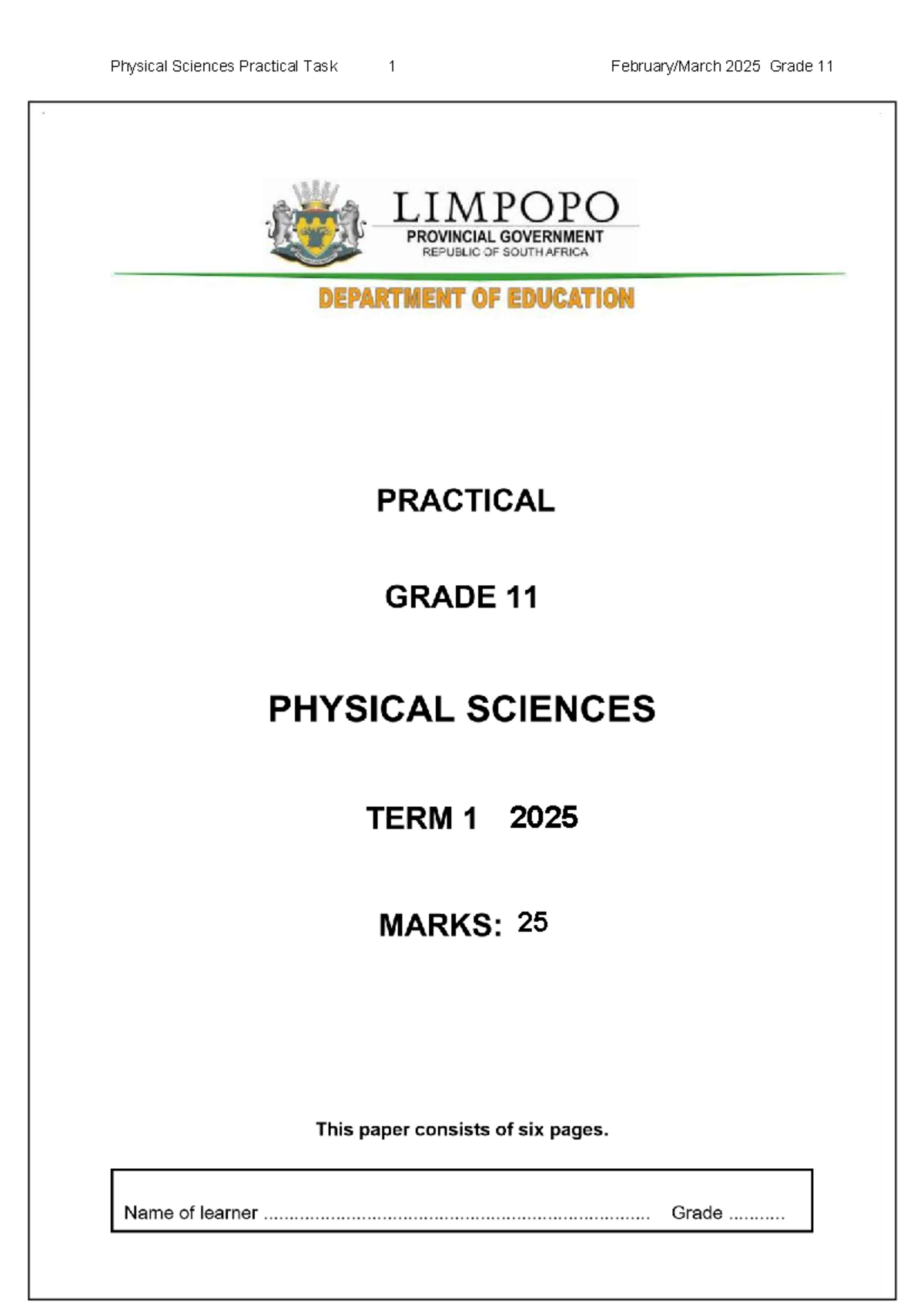 Gr 11 Physical Sciences Practical Task 1 & 2 Instructions 2025 - Studocu