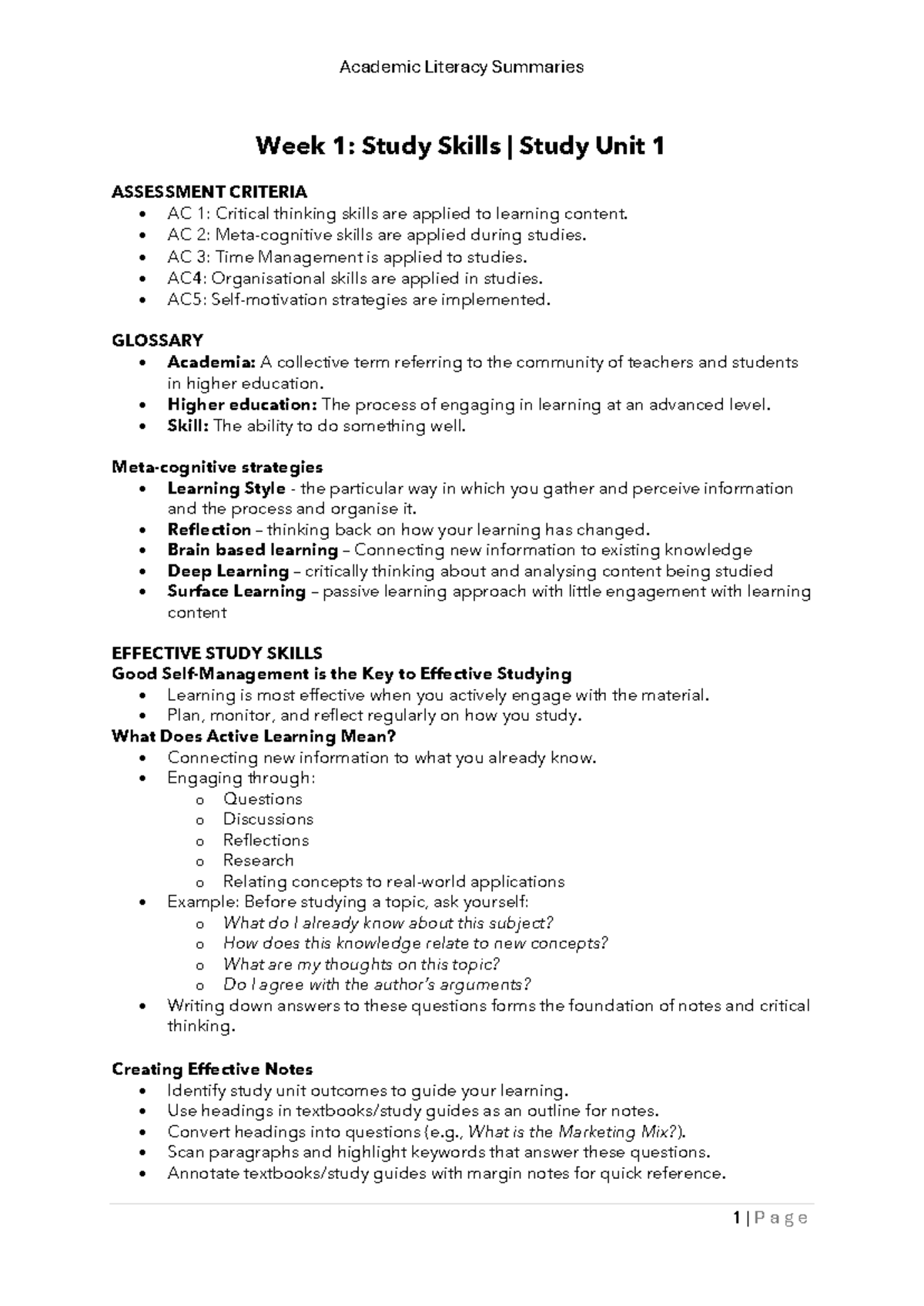 Academic Literacy Summaries: Weeks 1-5 Overview & Study Skills Insights ...