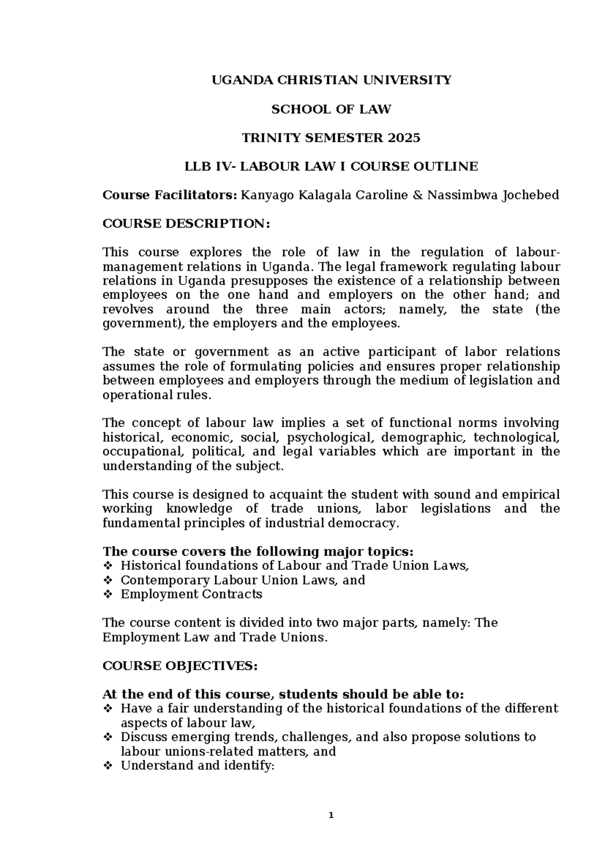 Labour Law I Course Outline (LLB) - Trinity Semester 2025 - Studocu