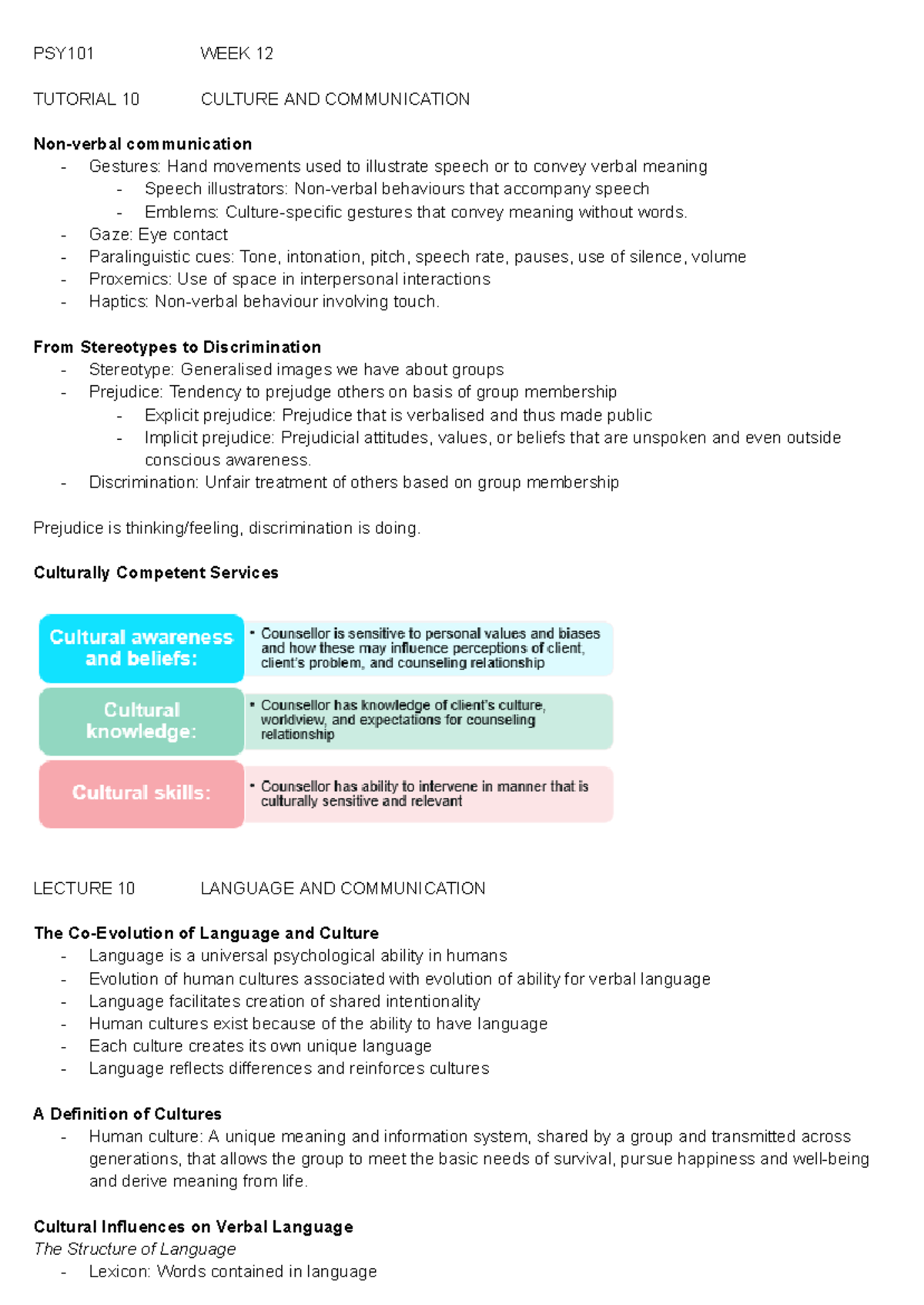 PSY101 WEEK 12 - Culture and Communication Lecture & Tutorial Notes ...