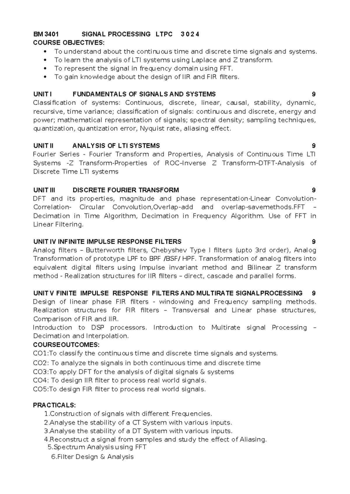 BM 3401 Signal Processing Syllabus and Course Objectives - Studocu