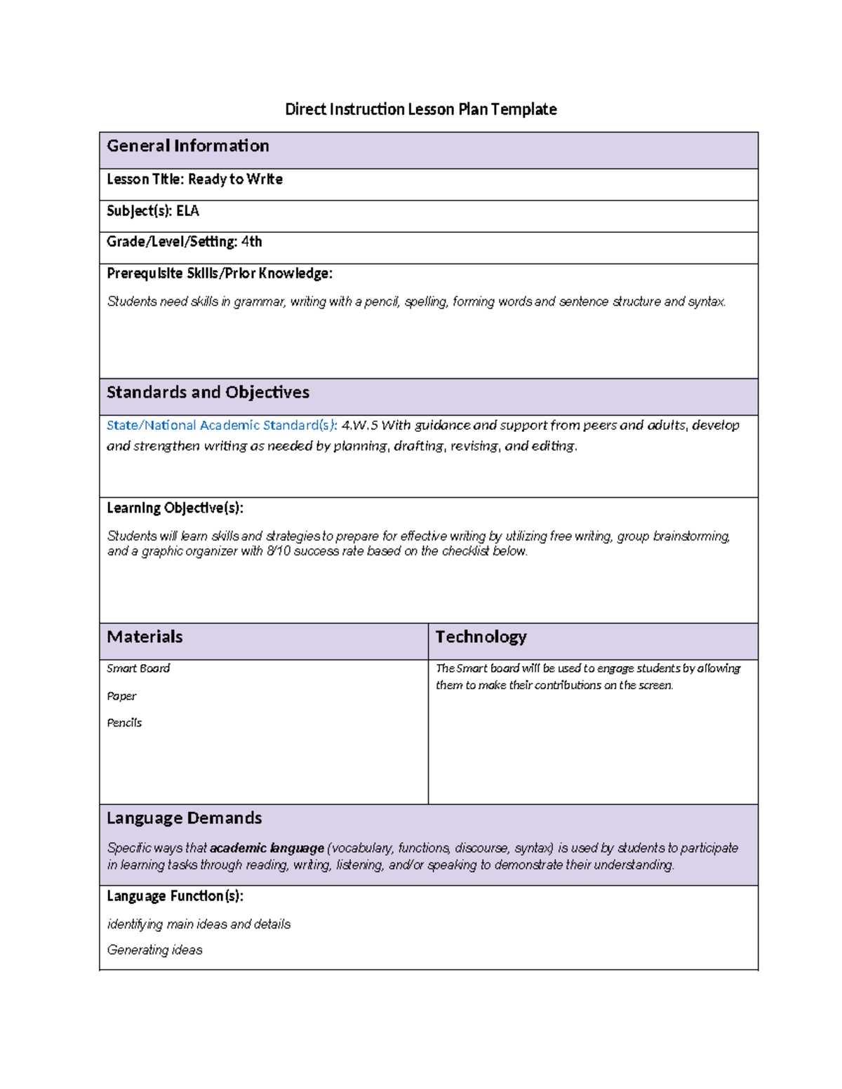 LSM3 Task 1: Direct Instruction Lesson Plan for ELA 4th Grade - Studocu