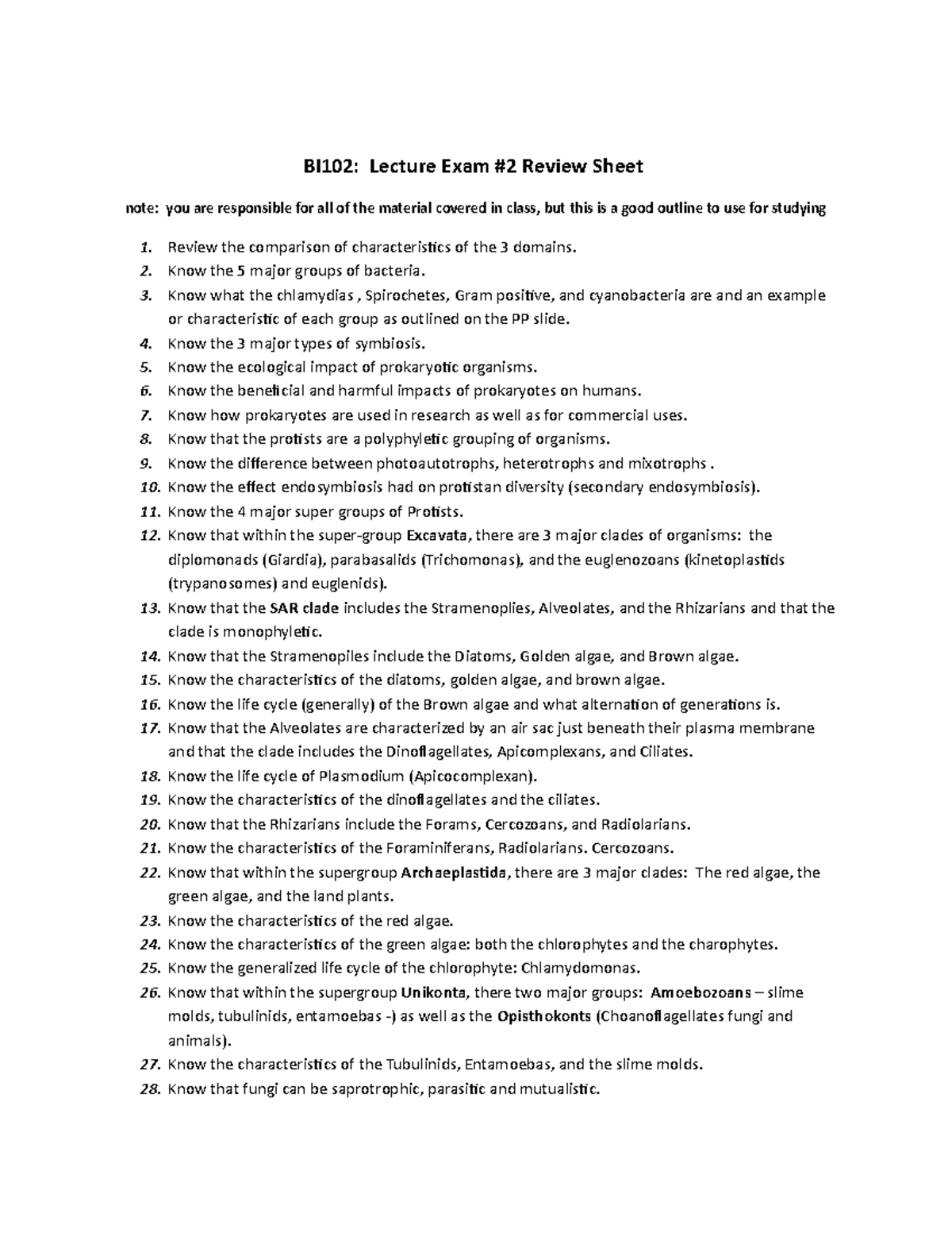 BI102 Exam #2 Review Questions/Topics - BI102: Lecture Exam #2 Review ...