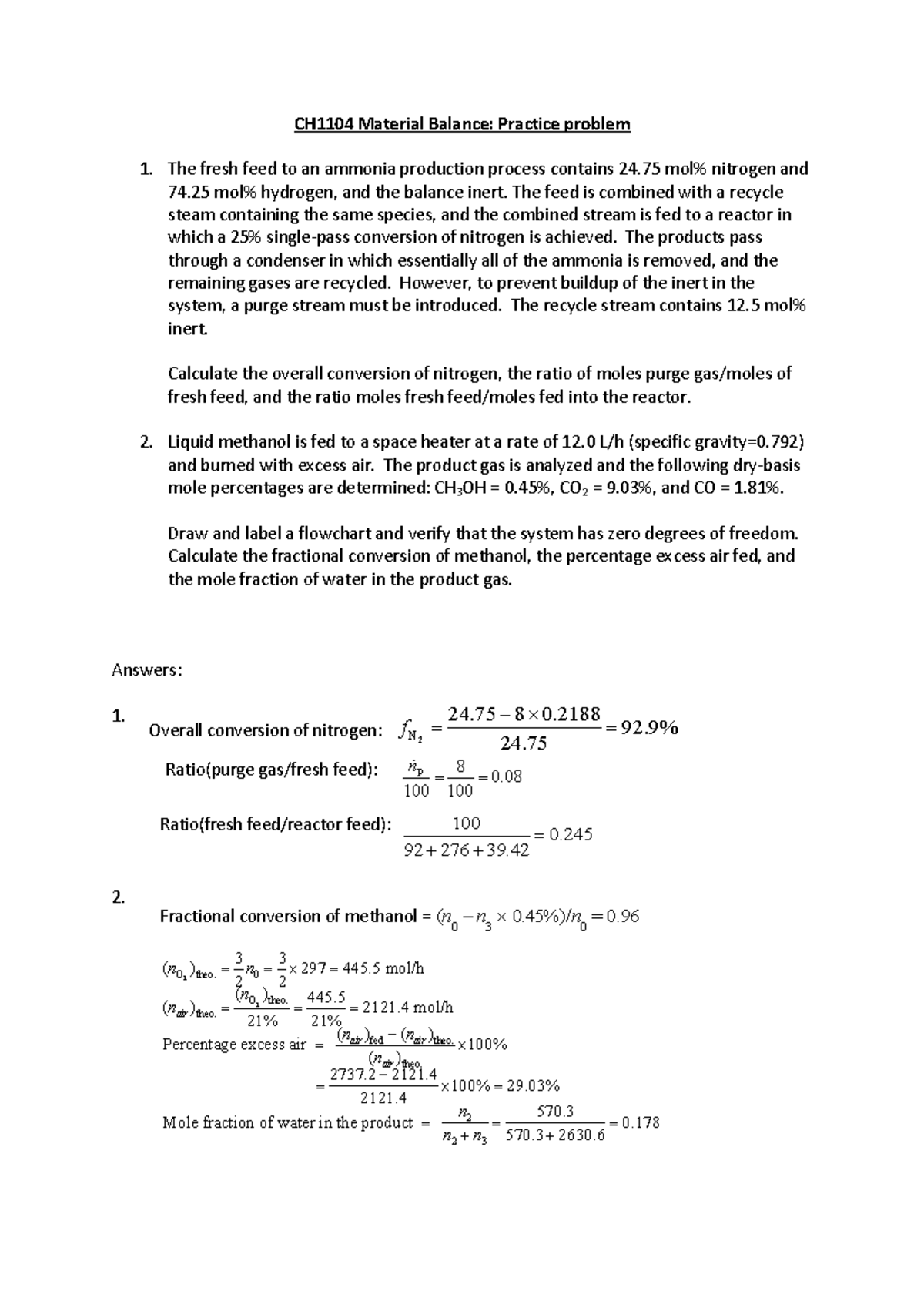 CH1104 Material Balance: Practice Problems and Solutions - Studocu