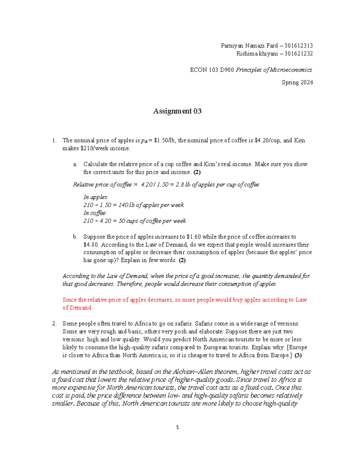 ECON 103 D900 Spring 2026 Assignment 03: Microeconomics Analysis - Studocu