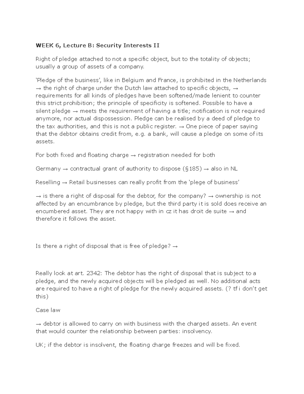 PCL Week 6B: Lecture Notes on Security Interests II - Studeersnel