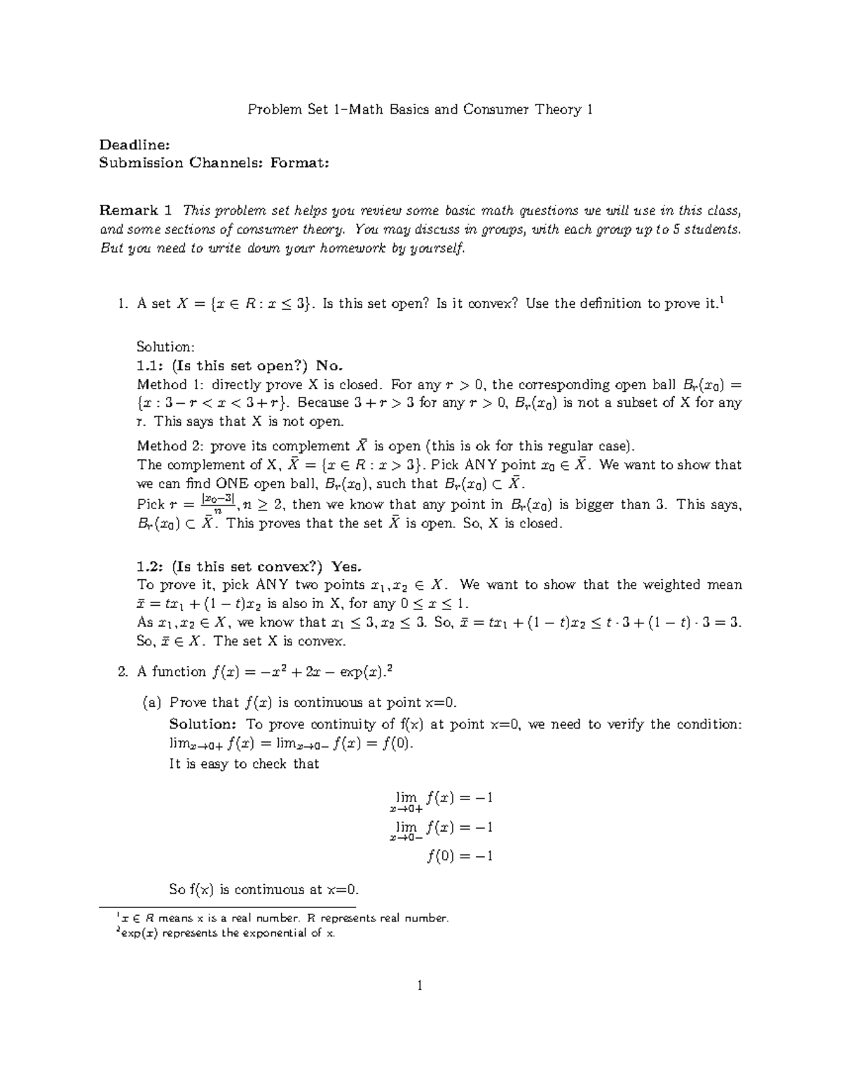 Econ 6001 Problem Set 1: Math and Consumer Theory Solutions - Studocu