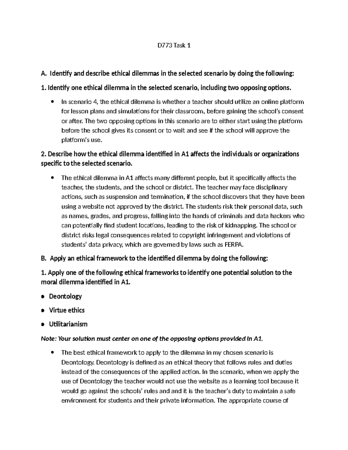 D773 Task 1 - Ethical Dilemmas in Online Teaching Scenarios - Studocu