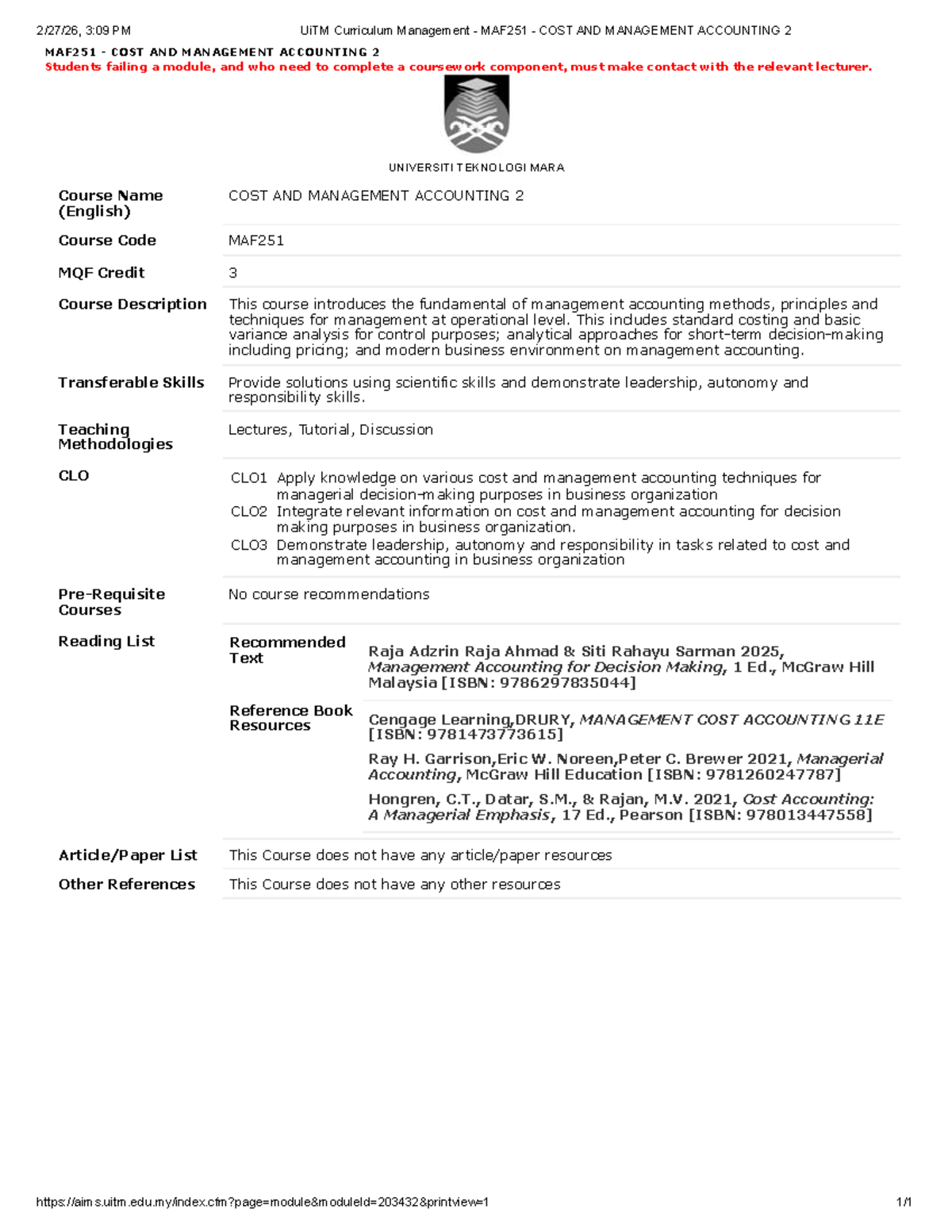 MAF251 - Cost and Management Accounting 2 Course Overview - Studocu