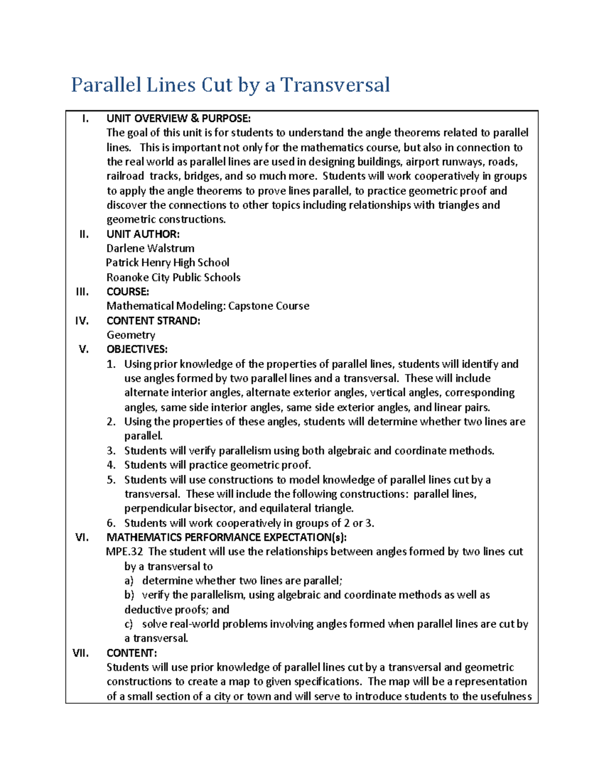 Parallel Lines and Transversals: Geometry Unit Overview (MATH 101 ...