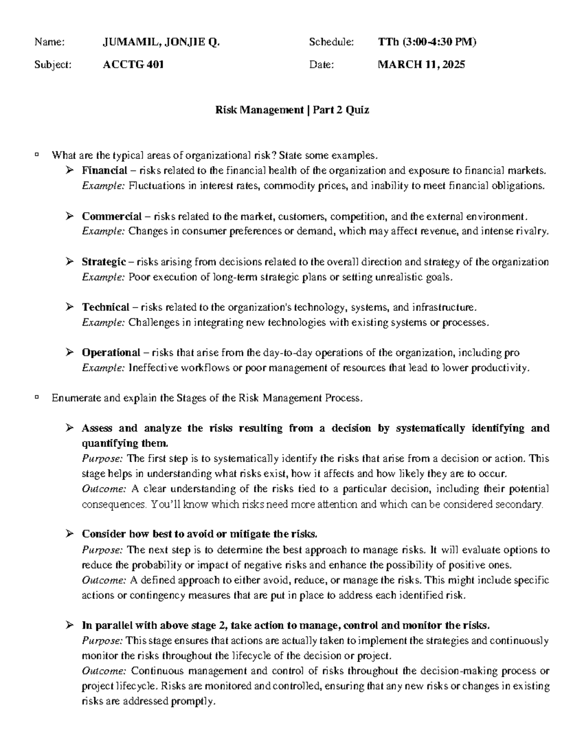 A401 Risk Management - Name: JUMAMIL, JONJIE Q. Schedule: TTh (3:00-4: ...