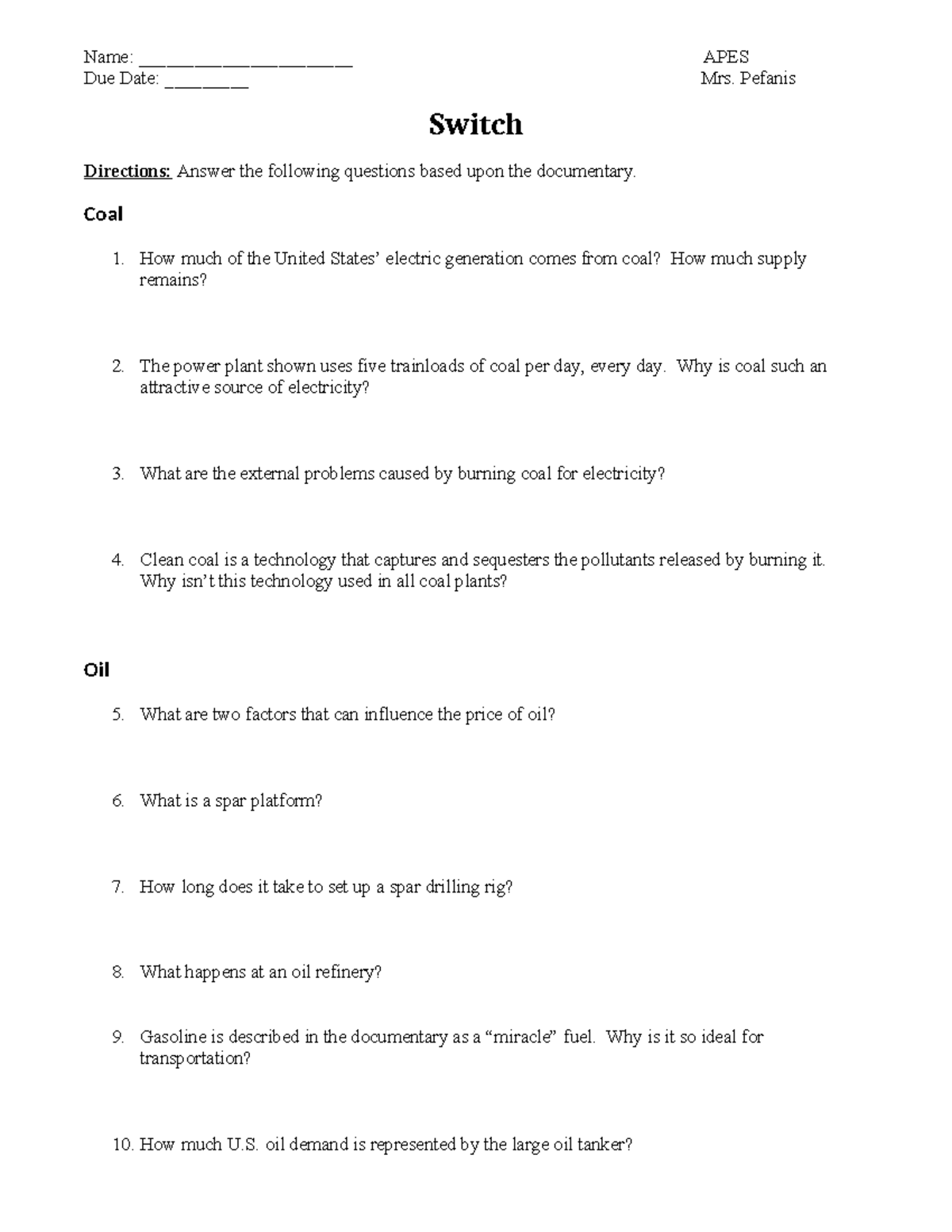 APES 101: Switch Documentary Worksheet Questions and Answers - Studocu