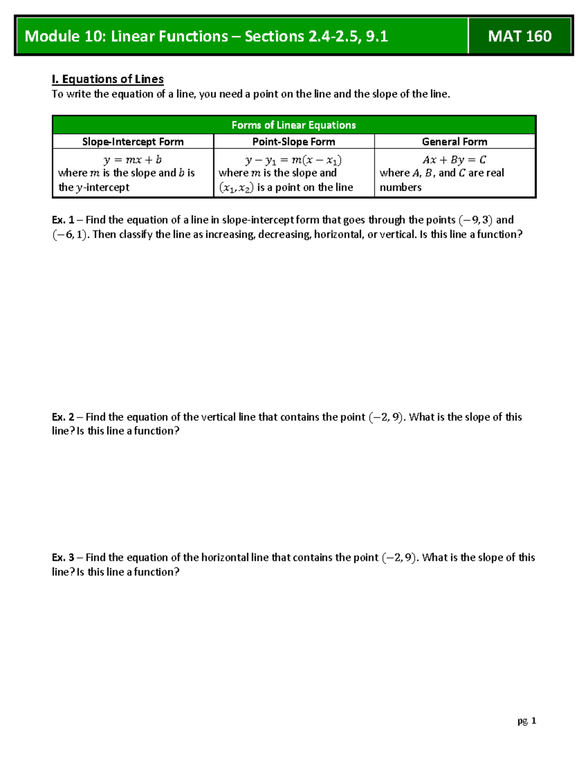 Module 10: Linear Functions Overview and Key Concepts MAT 160 - Studocu