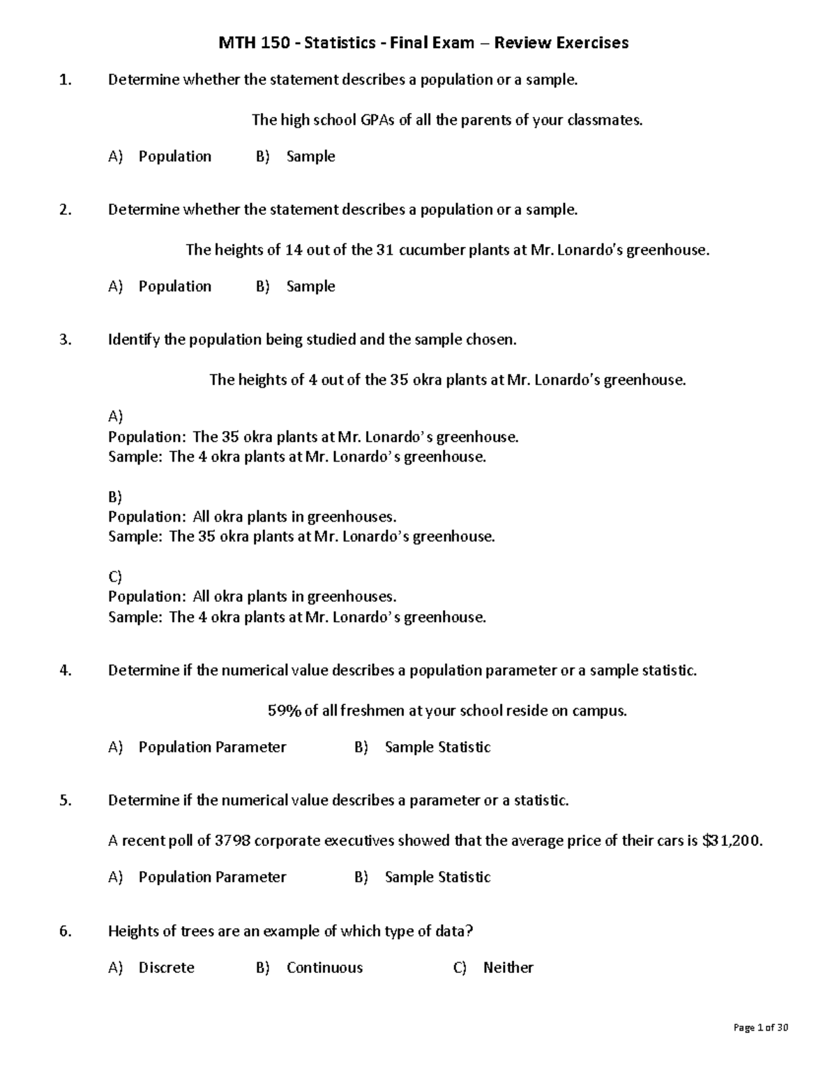 Statistics 2022 Final Exam Review: Populations, Samples, and Data Types ...