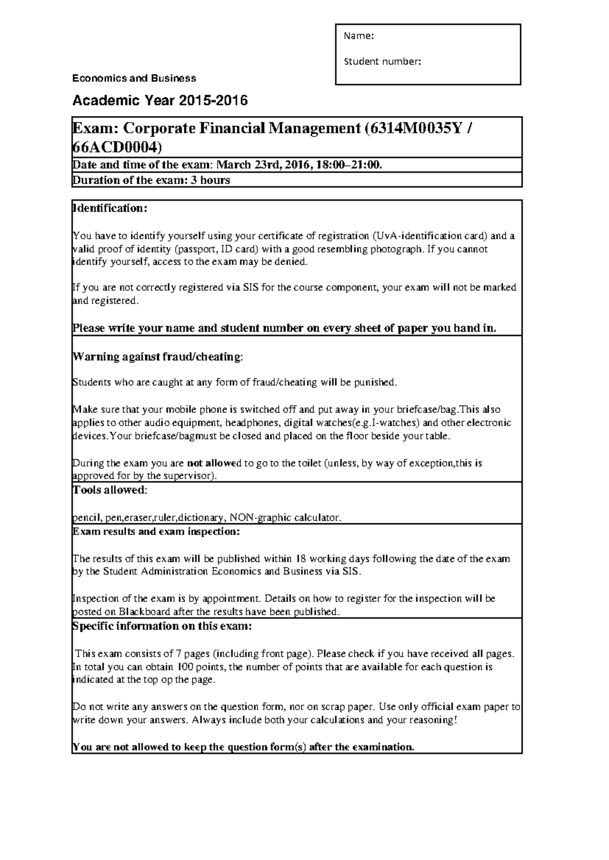 Exam Practice CFM March 2016 - Corporate Financial Management - Studeersnel