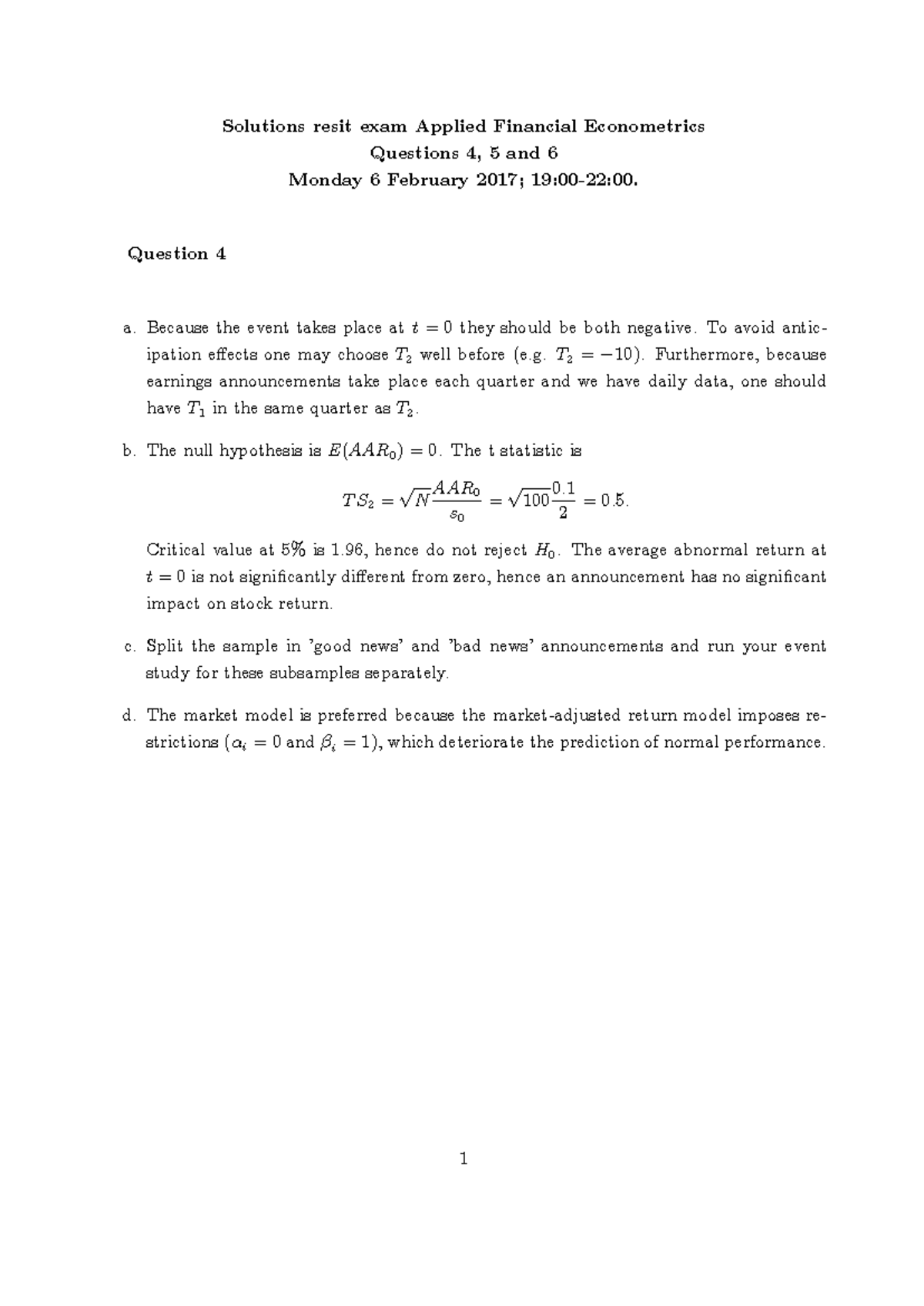 Resit 2017 Solutions for Applied Financial Econometrics Exam - Studeersnel