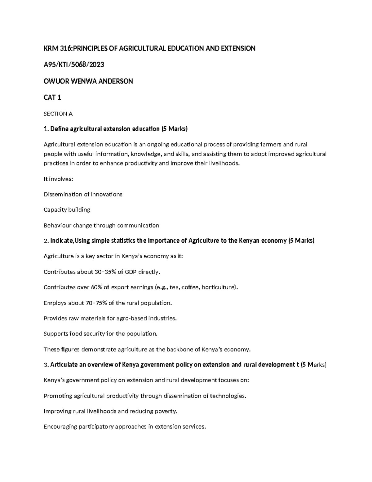 KRM 316: Principles of Agricultural Education & Extension - CAT 1 Notes ...