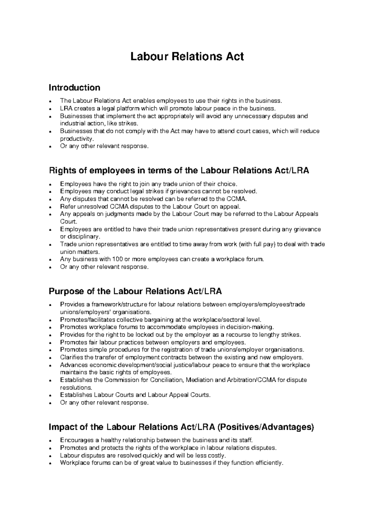 Labour Relations Act Lra Essay Rights Impact Compliance Studocu