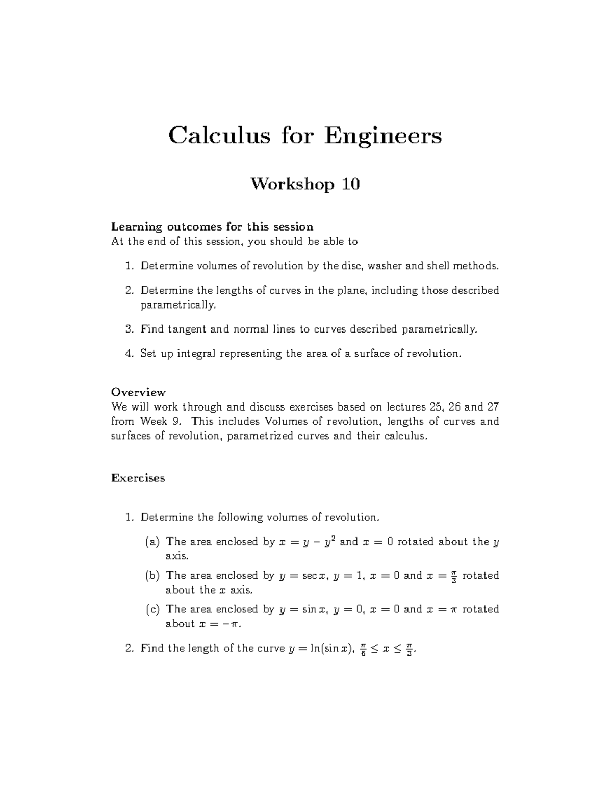 Calculus for Engineers: Workshop 10 - Volumes & Curves Analysis - Studocu