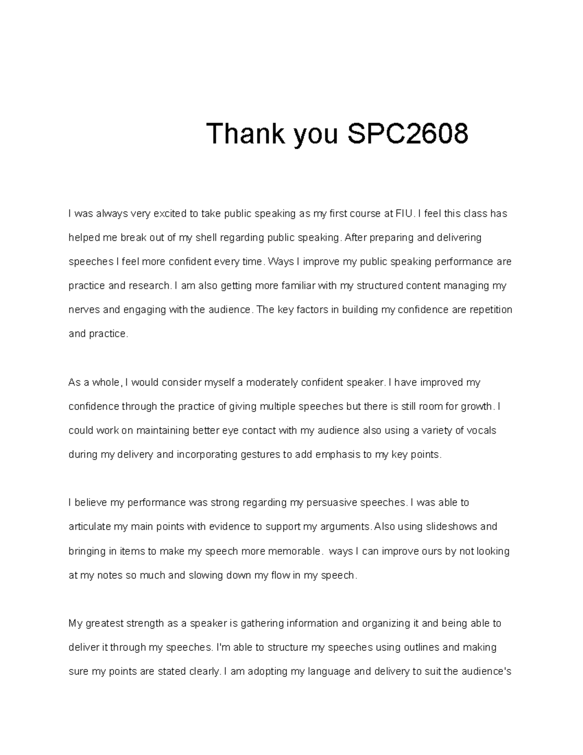 SPC2608 Public Speaking Reflection and Improvement