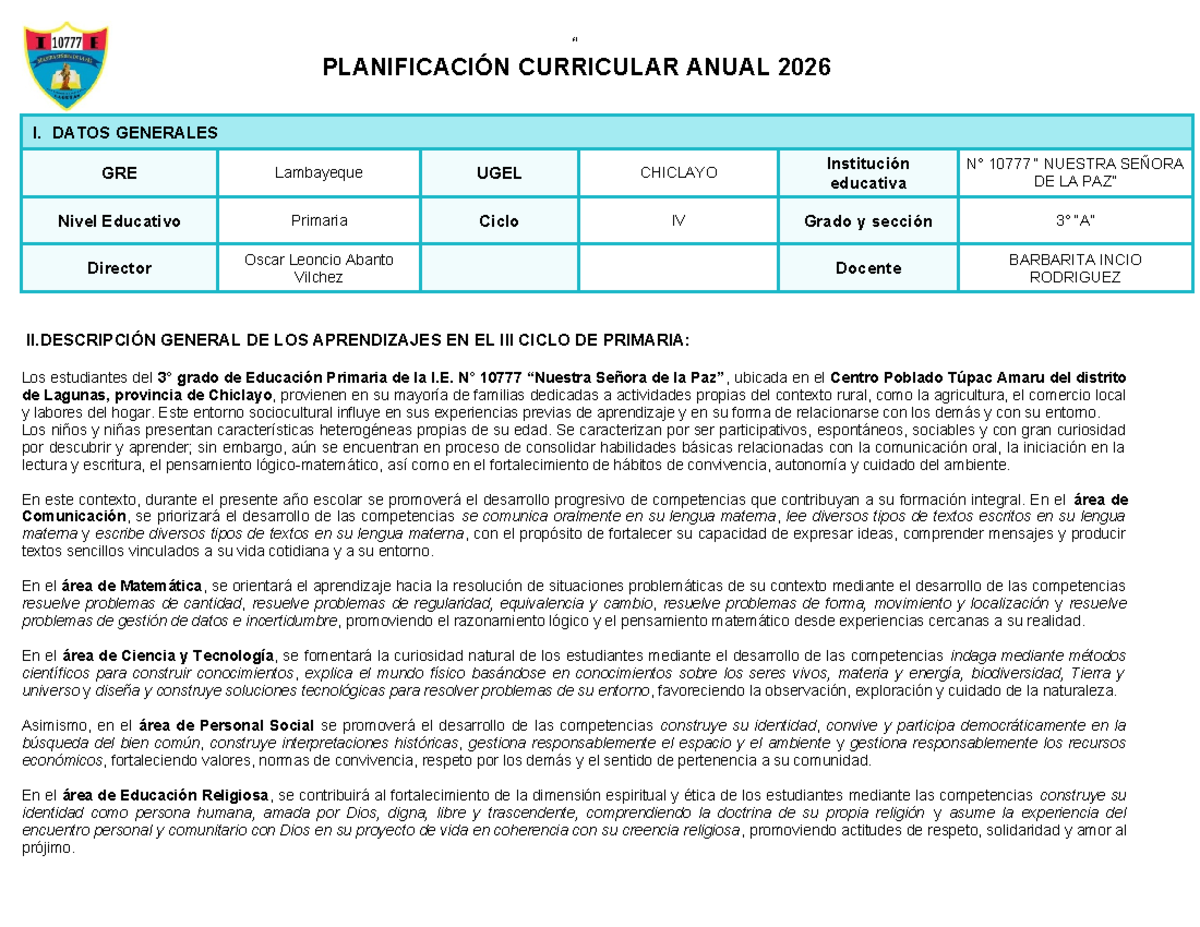 PLAN CURRICULAR ANUAL 2026 - TERCER GRADO PRIMARIA - Studocu