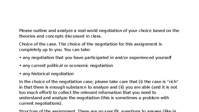 Negotiation Analysis: Mini Case Study Based on Class Theories - Studocu