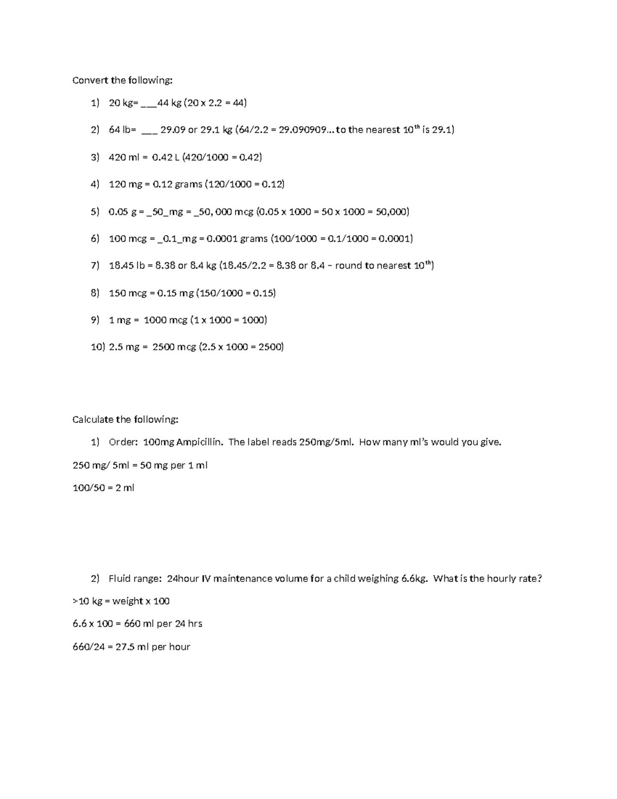 Med Math Prep: Answer Key for Calculations and Dosing - Studocu