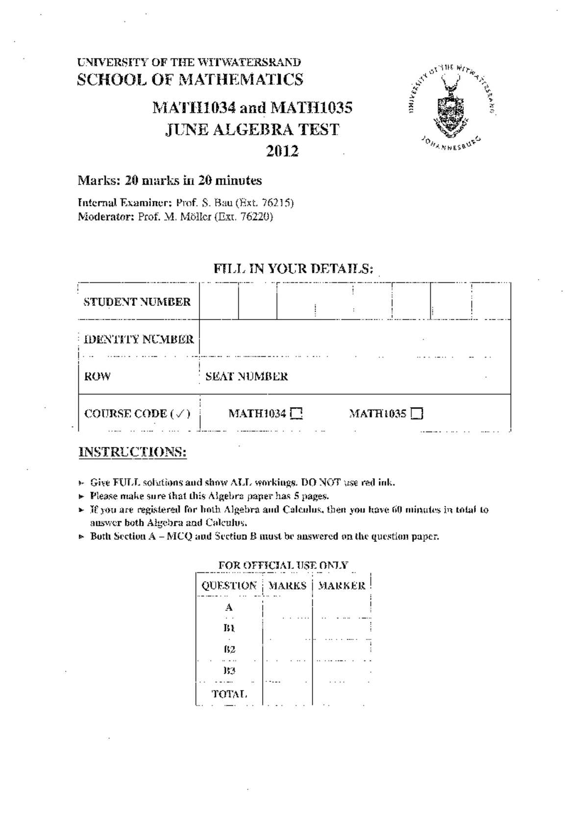 MATH1034 & MATH1035 Algebra Test Practice Questions - 2010 - Studocu