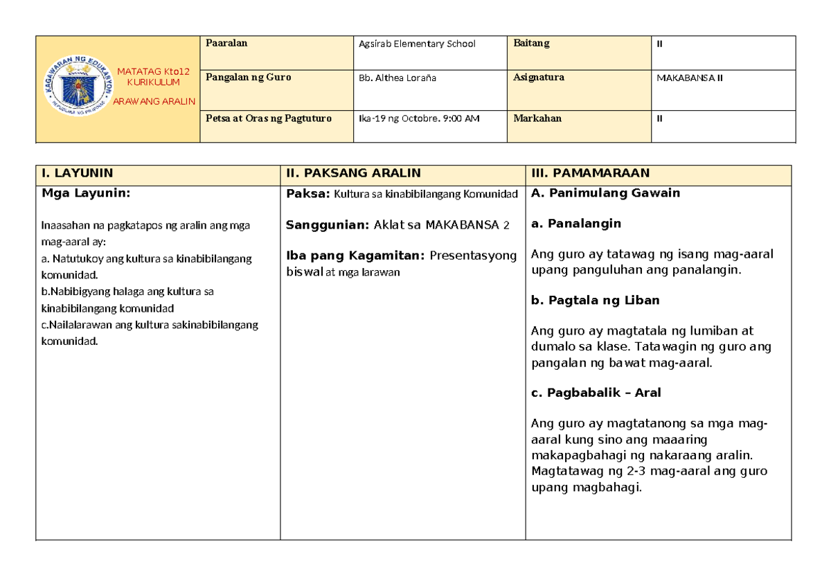 Makabansa II: Kultura sa Komunidad - Lesson Plan ni Bb. Althea - Document Preview