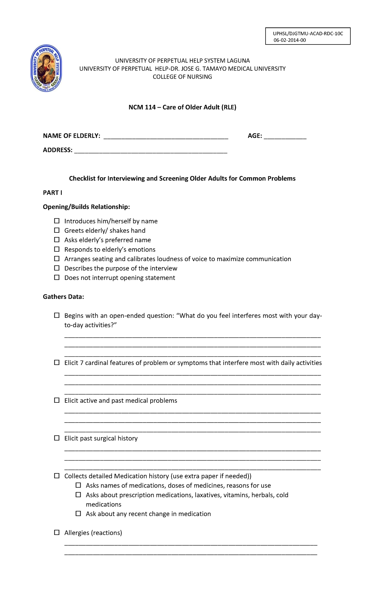 NCM 114 Checklist for Interviewing & Screening Older Adults - Studocu