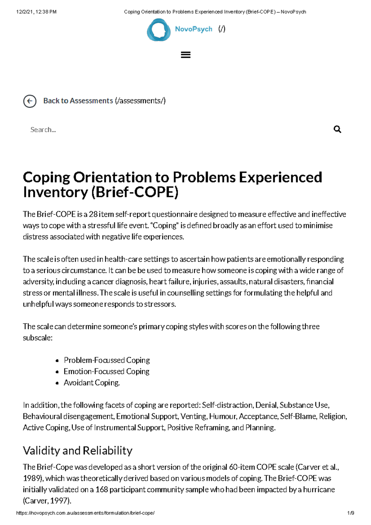 Brief-COPE Inventory: Effective Coping Strategies Assessment - Studocu
