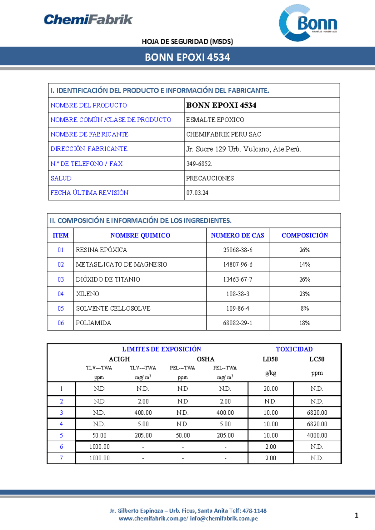 HOJA DE SEGURIDAD (MSDS) BONN EPOXI 4534 - INFORMACIÓN Y RIESGOS - Document Preview