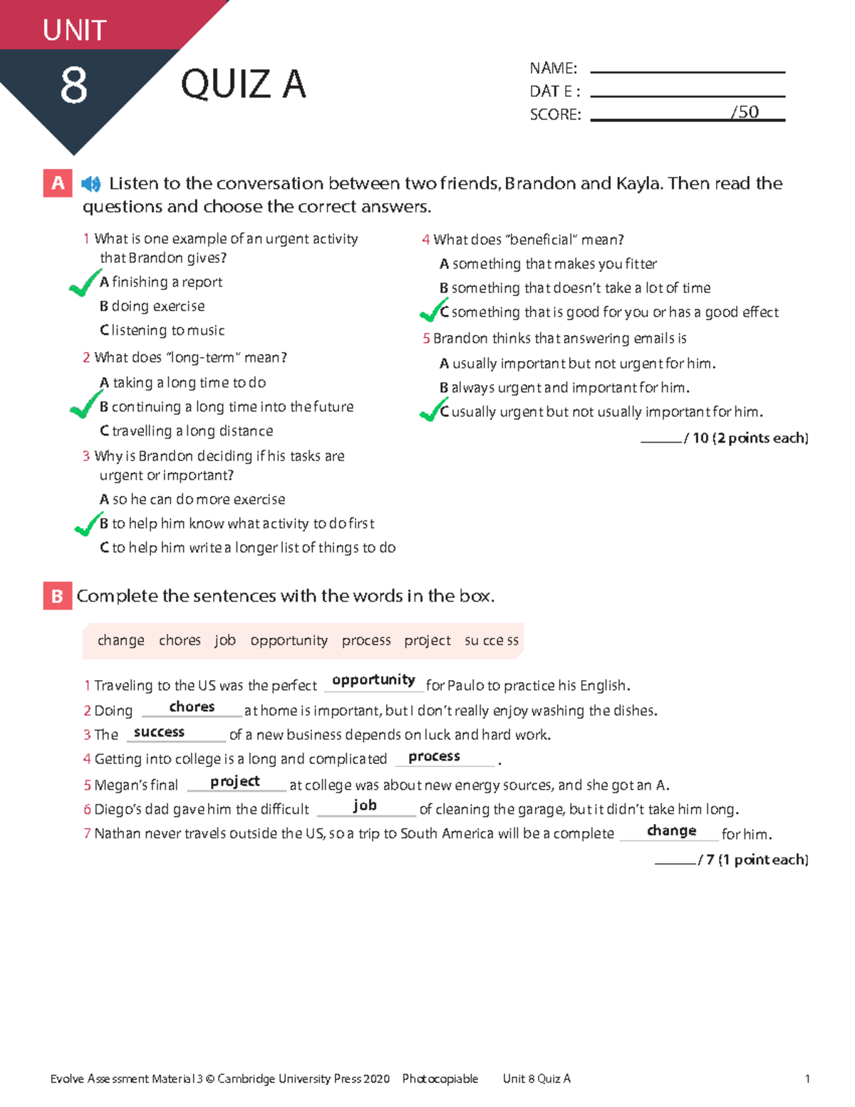 Evolve L3 Unit 8 Quiz A - Listening & Grammar Activities - Document Preview