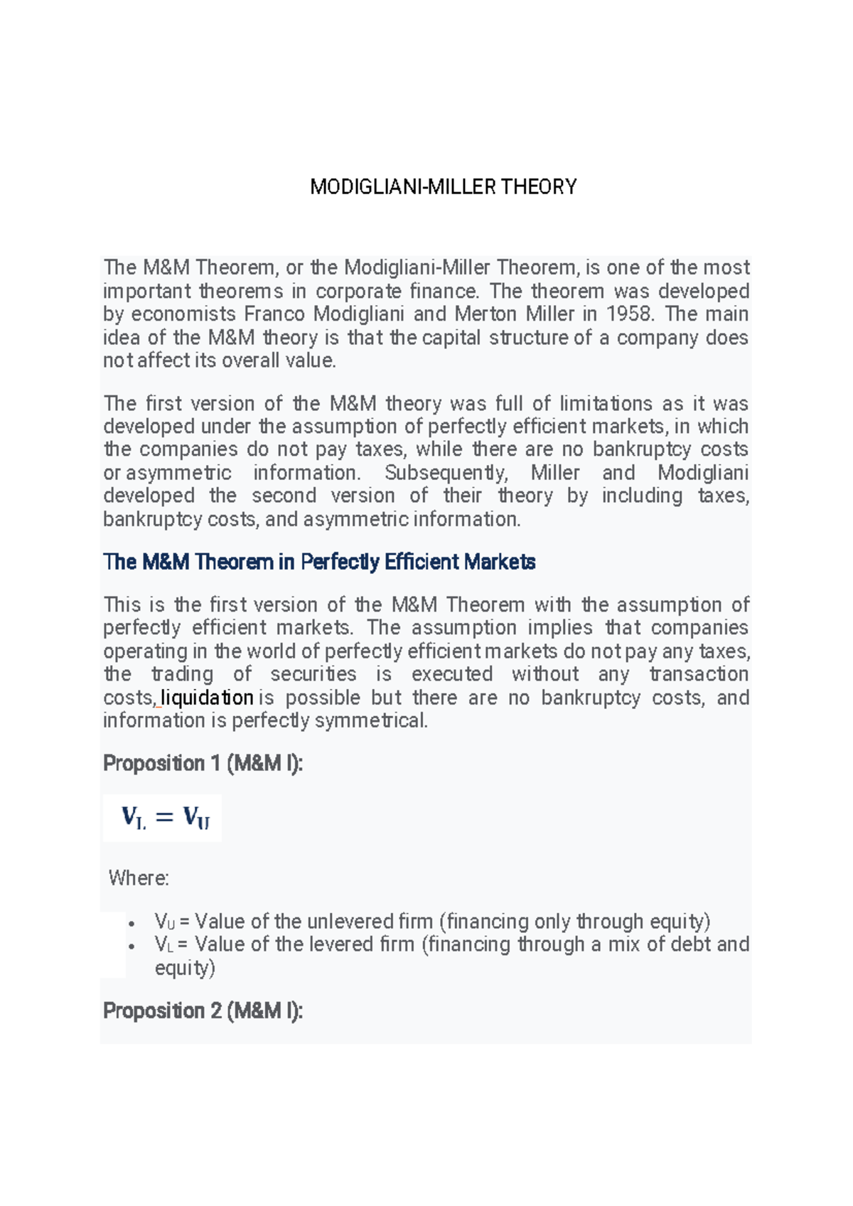 Modigliani miller theory - MODIGLIANI-MILLER THEORY The M&M Theorem, or ...