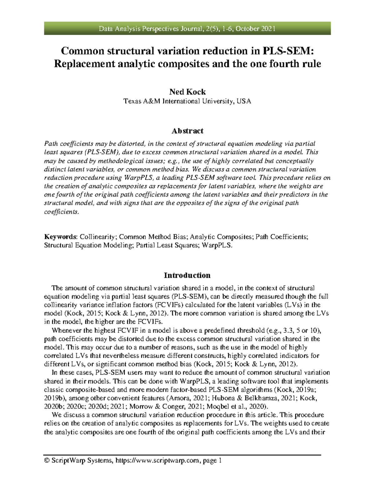 Kock 2021 DAPJ 2(5) Common Structural Variation Reduction in SEM - Studocu