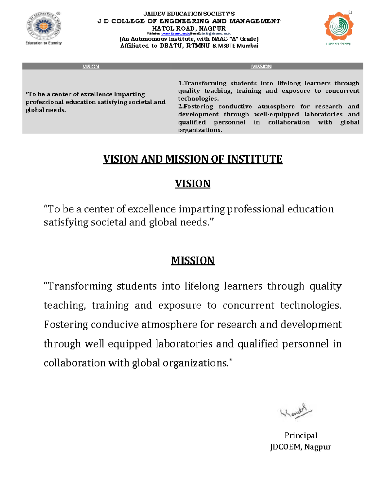 6 - Important Notes on Vision and Mission of JDCOEM - Studocu