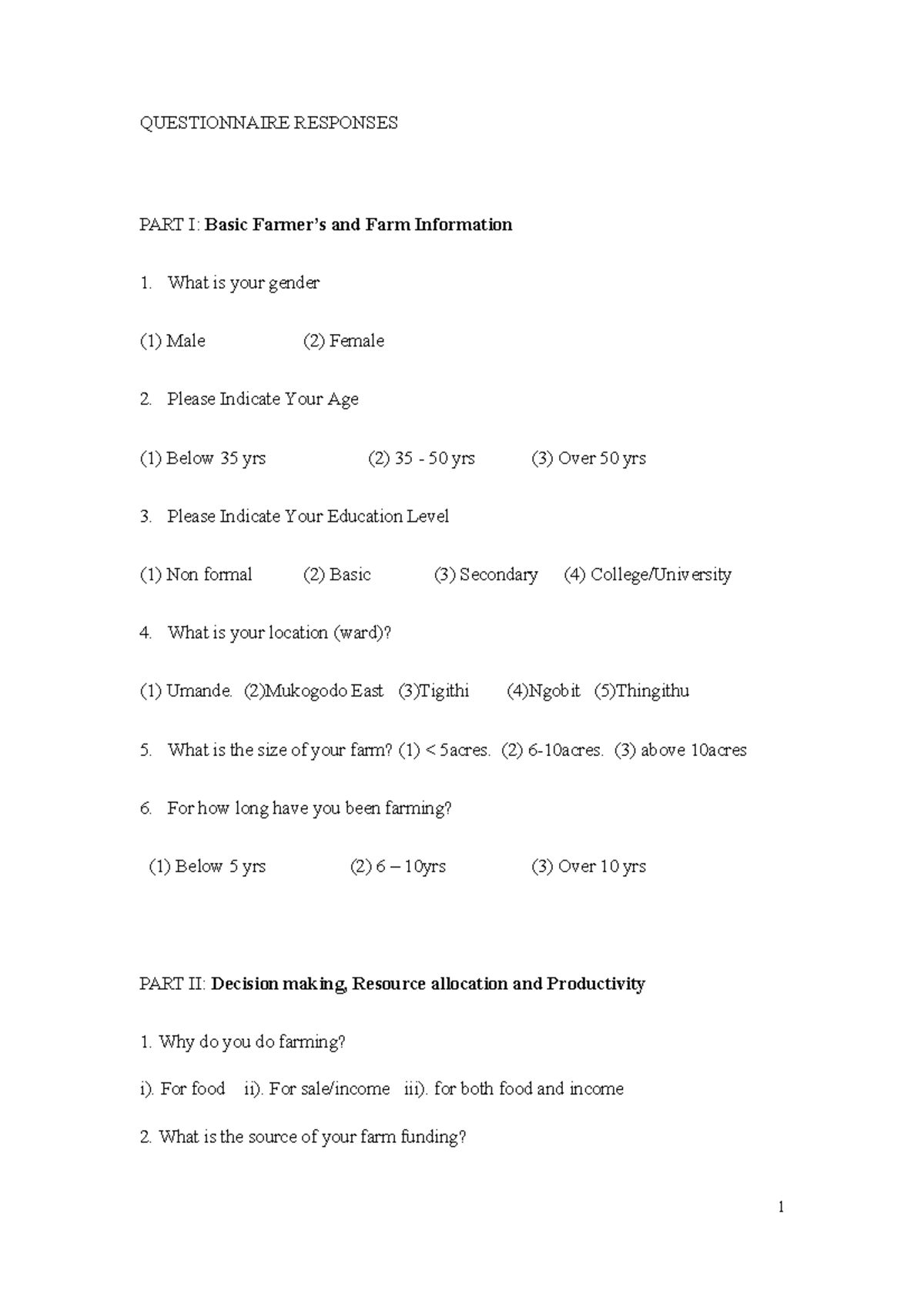 Research Questionnaire Sample 2: Farming Practices & Insights - Studocu
