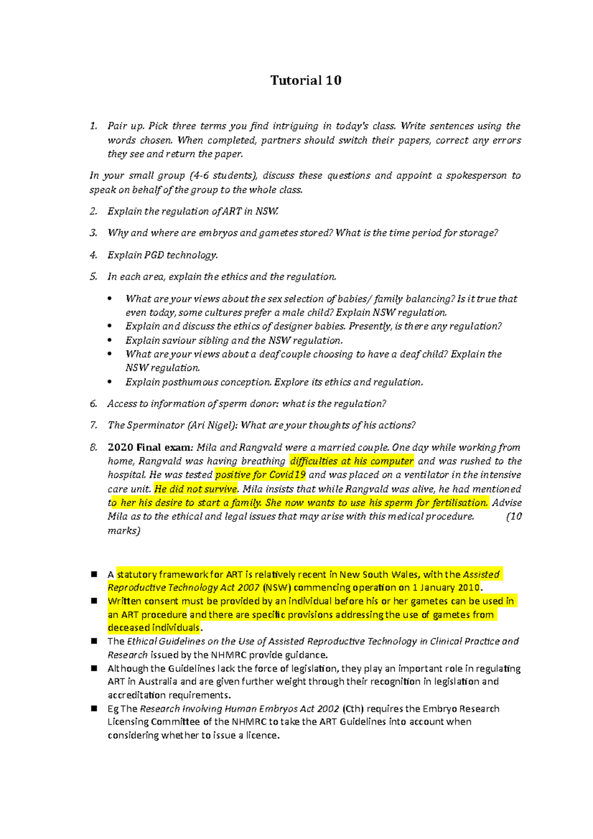 Tutorial 10 - nstitutional answer with questions great guide for exams ...