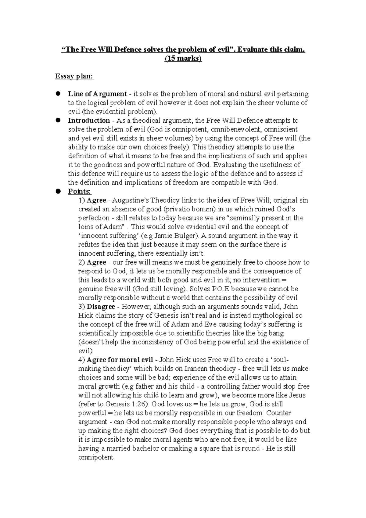 The Free Will Defence & the Problem of Evil Essay Analysis - Studocu